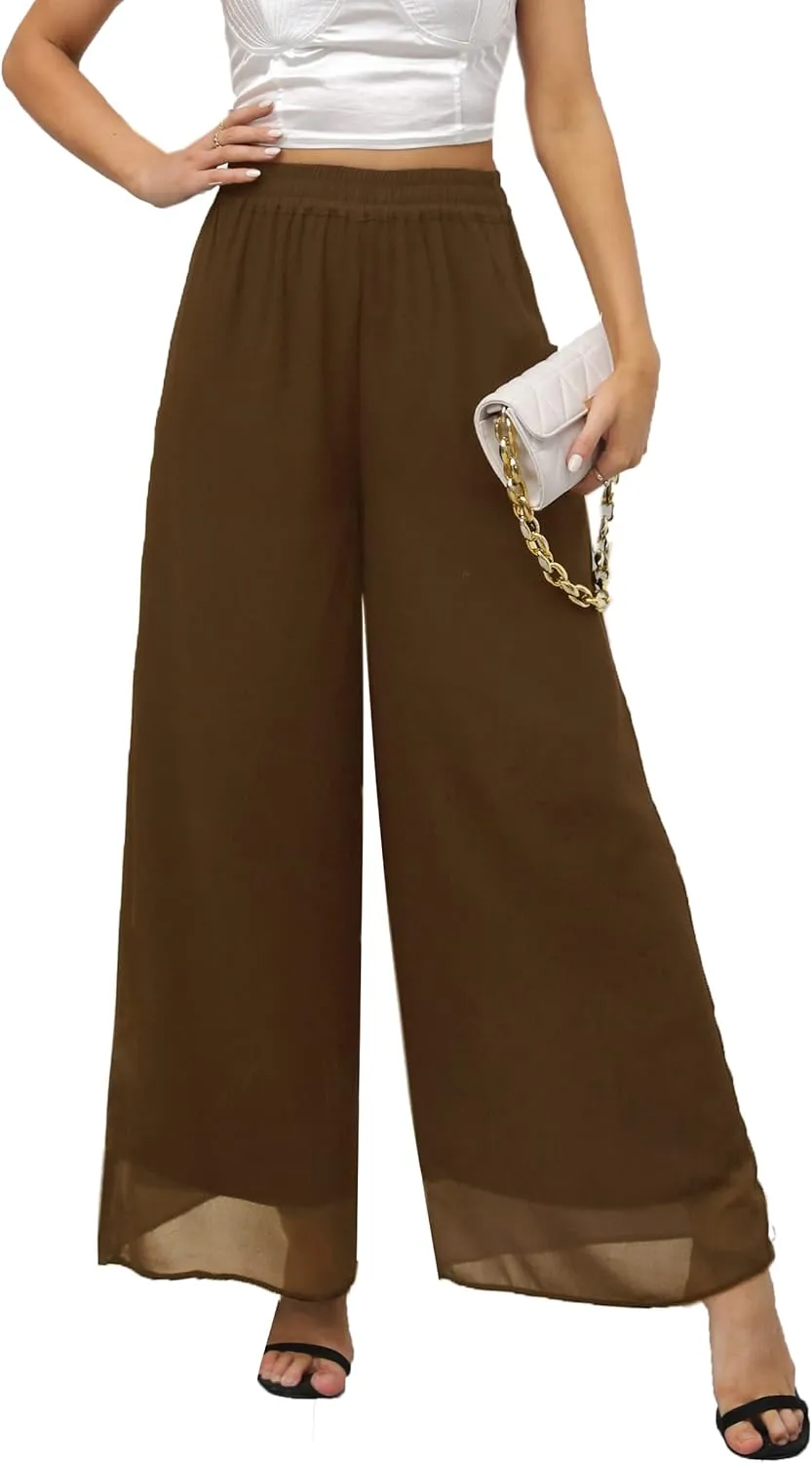 Yehopere Palazzo Pants for Women Dressy Flowy Chiffon Double Layers Summer Boho Wide Leg Casual Lounge Pants Trouser