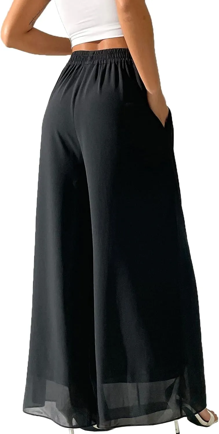 Yehopere Palazzo Pants for Women Dressy Flowy Chiffon Double Layers Summer Boho Wide Leg Casual Lounge Pants Trouser