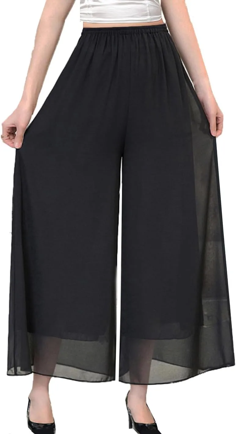 Yehopere Palazzo Pants for Women Dressy Flowy Chiffon Double Layers Summer Boho Wide Leg Casual Lounge Pants Trouser