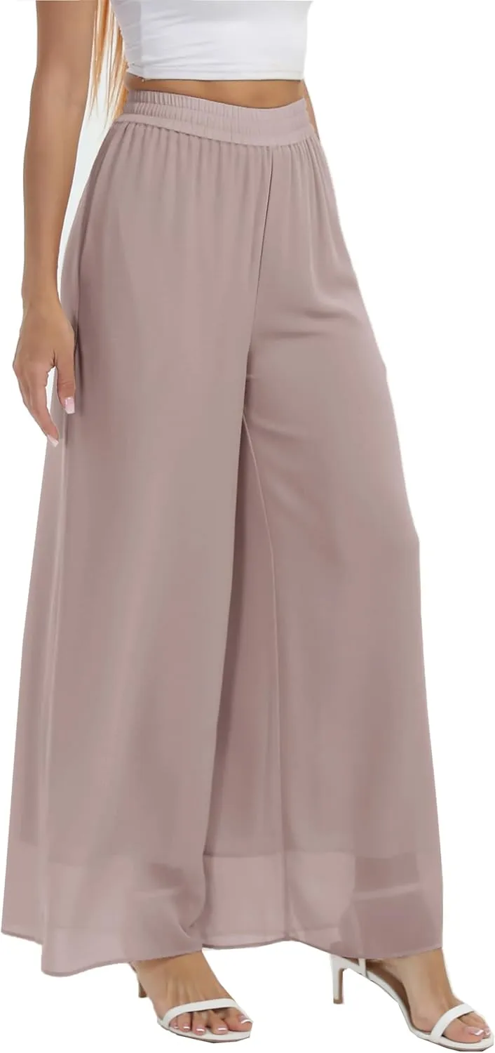 Yehopere Palazzo Pants for Women Dressy Flowy Chiffon Double Layers Summer Boho Wide Leg Casual Lounge Pants Trouser