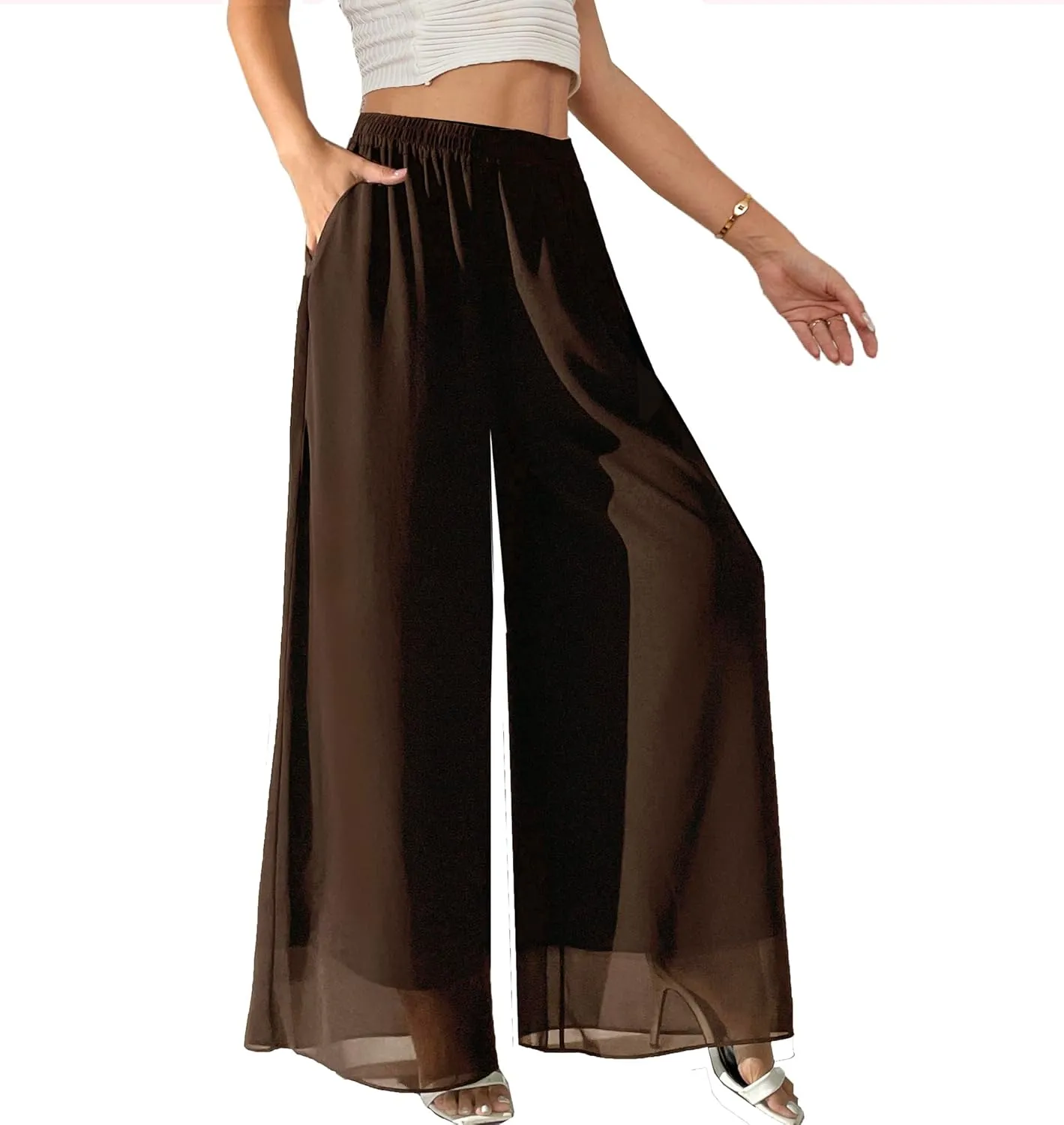 Yehopere Palazzo Pants for Women Dressy Flowy Chiffon Double Layers Summer Boho Wide Leg Casual Lounge Pants Trouser
