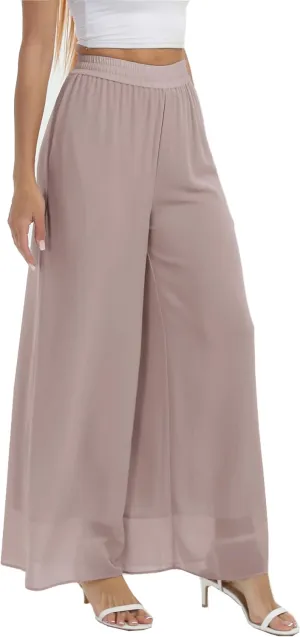 Yehopere Palazzo Pants for Women Dressy Flowy Chiffon Double Layers Summer Boho Wide Leg Casual Lounge Pants Trouser