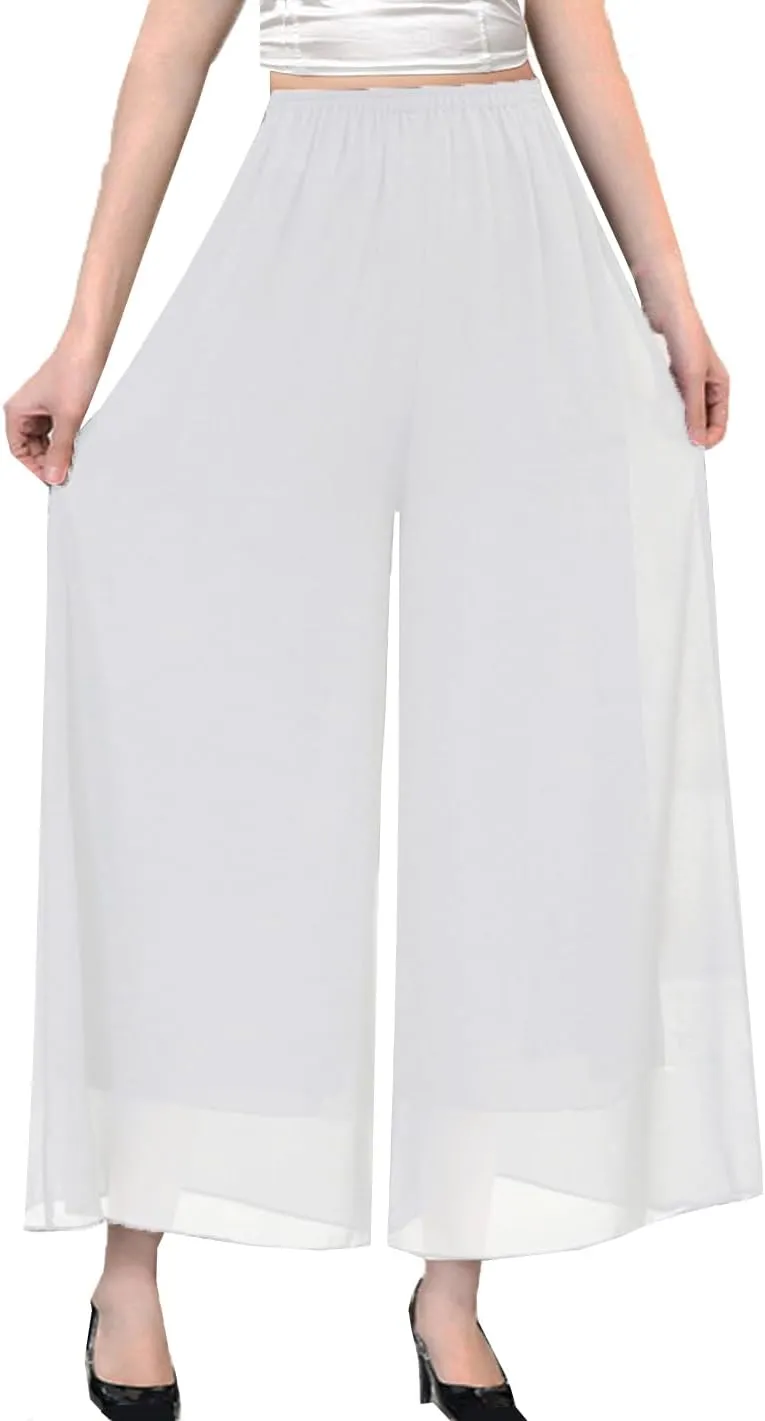 Yehopere Palazzo Pants for Women Dressy Flowy Chiffon Double Layers Summer Boho Wide Leg Casual Lounge Pants Trouser