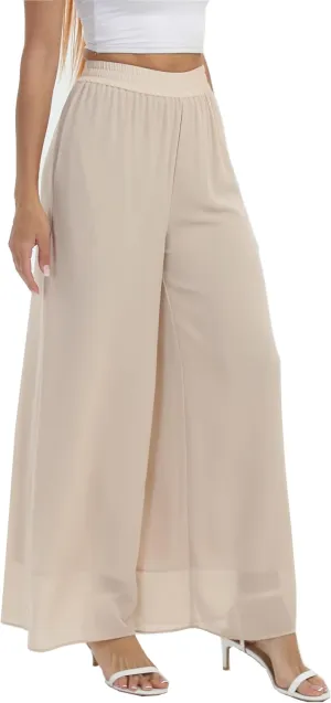 Yehopere Palazzo Pants for Women Dressy Flowy Chiffon Double Layers Summer Boho Wide Leg Casual Lounge Pants Trouser