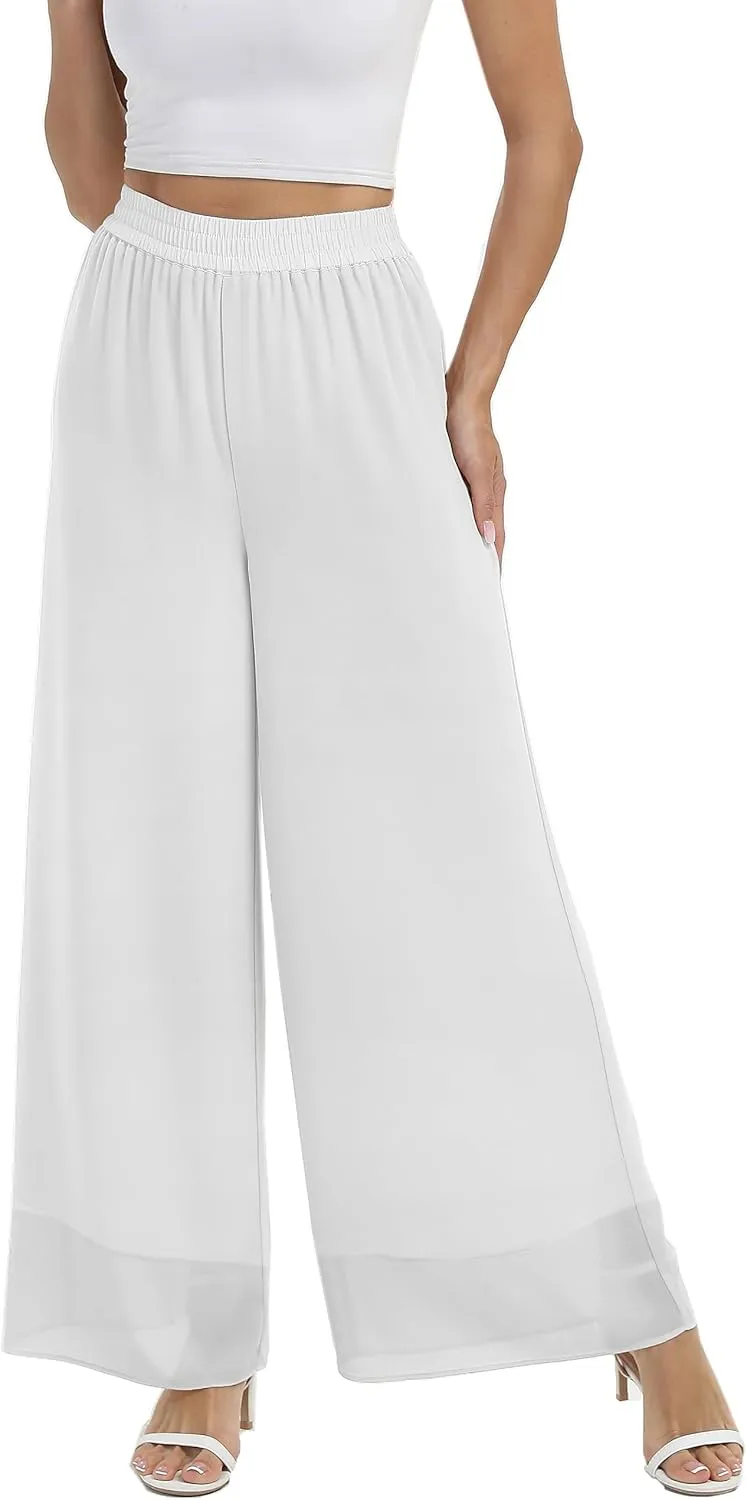 Yehopere Palazzo Pants for Women Dressy Flowy Chiffon Double Layers Summer Boho Wide Leg Casual Lounge Pants Trouser