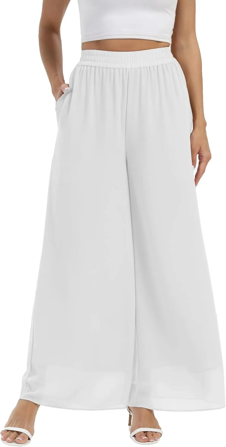 Yehopere Palazzo Pants for Women Dressy Flowy Chiffon Double Layers Summer Boho Wide Leg Casual Lounge Pants Trouser