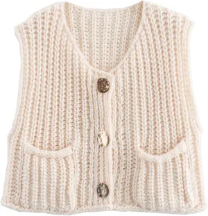 YKR Womens Chunky Knit Sweater Vest Sleeveless Button Down Cropped Cardigan Casual Knitted Crochet Vest with Pockets