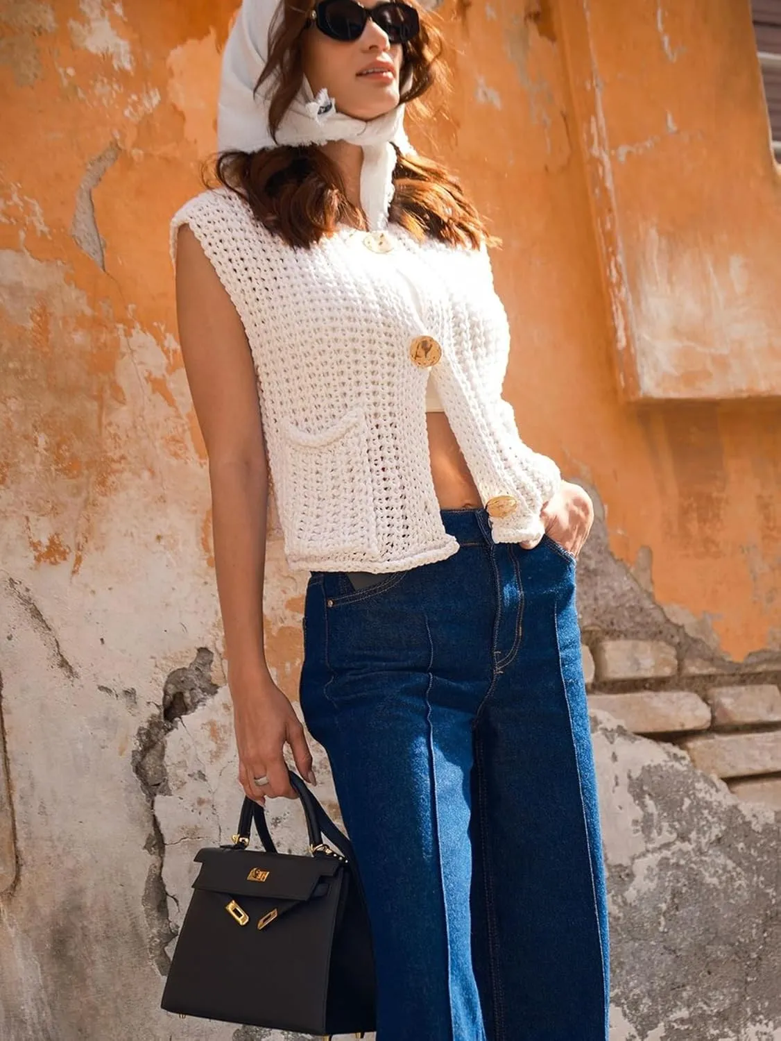YKR Womens Chunky Knit Sweater Vest Sleeveless Button Down Cropped Cardigan Casual Knitted Crochet Vest with Pockets