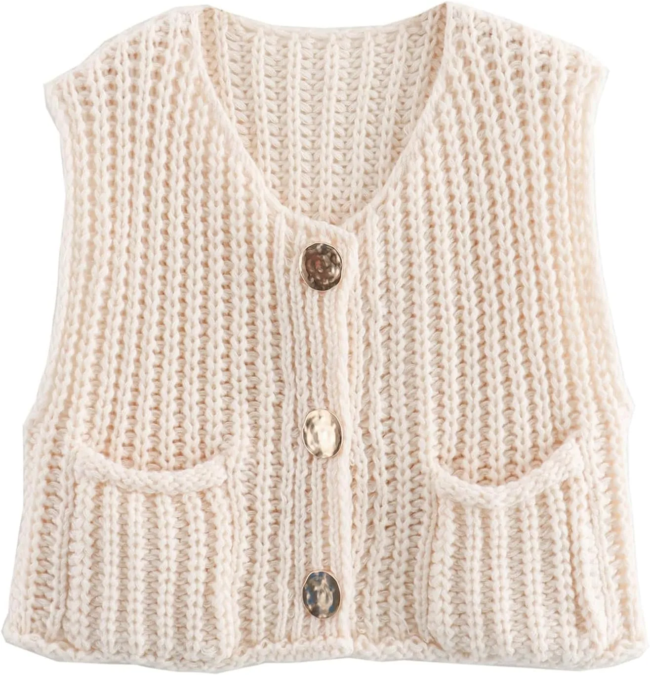 YKR Womens Chunky Knit Sweater Vest Sleeveless Button Down Cropped Cardigan Casual Knitted Crochet Vest with Pockets