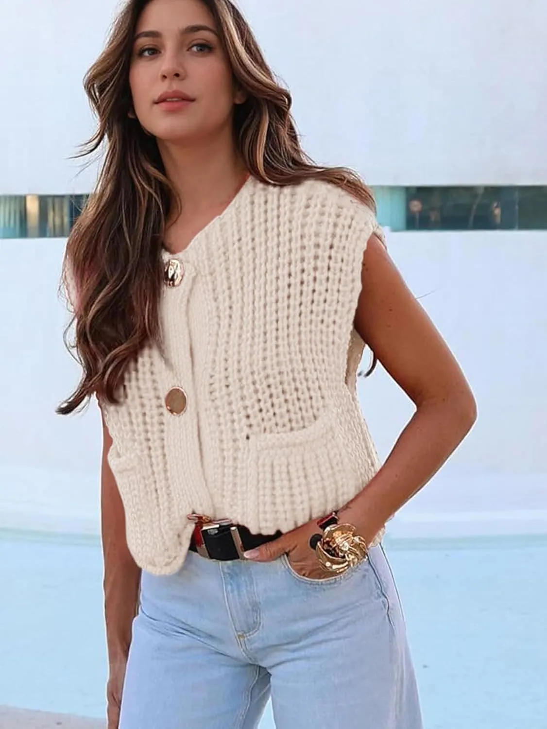 YKR Womens Chunky Knit Sweater Vest Sleeveless Button Down Cropped Cardigan Casual Knitted Crochet Vest with Pockets