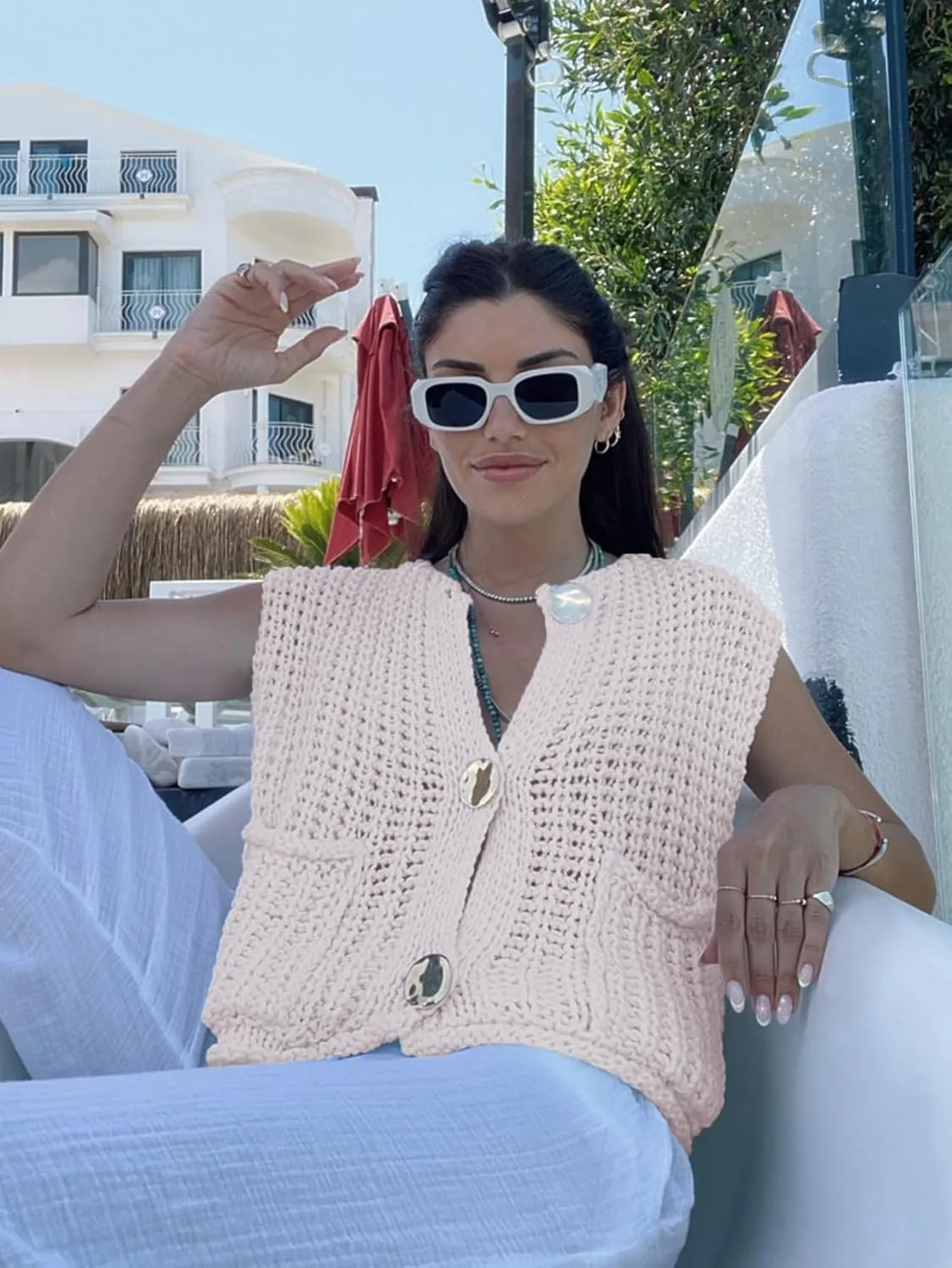 YKR Womens Chunky Knit Sweater Vest Sleeveless Button Down Cropped Cardigan Casual Knitted Crochet Vest with Pockets