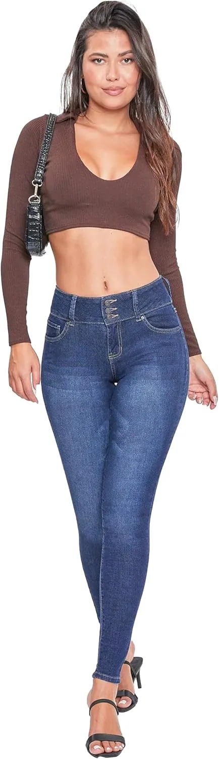 YMI Womens 3-Button High-Rise Skinny Jean Made with Recycled Fibers