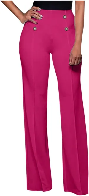 YOLAI Women Casual Wide Leg Pant High Waist Button Down Trousers Solid Color Business Work Trousers