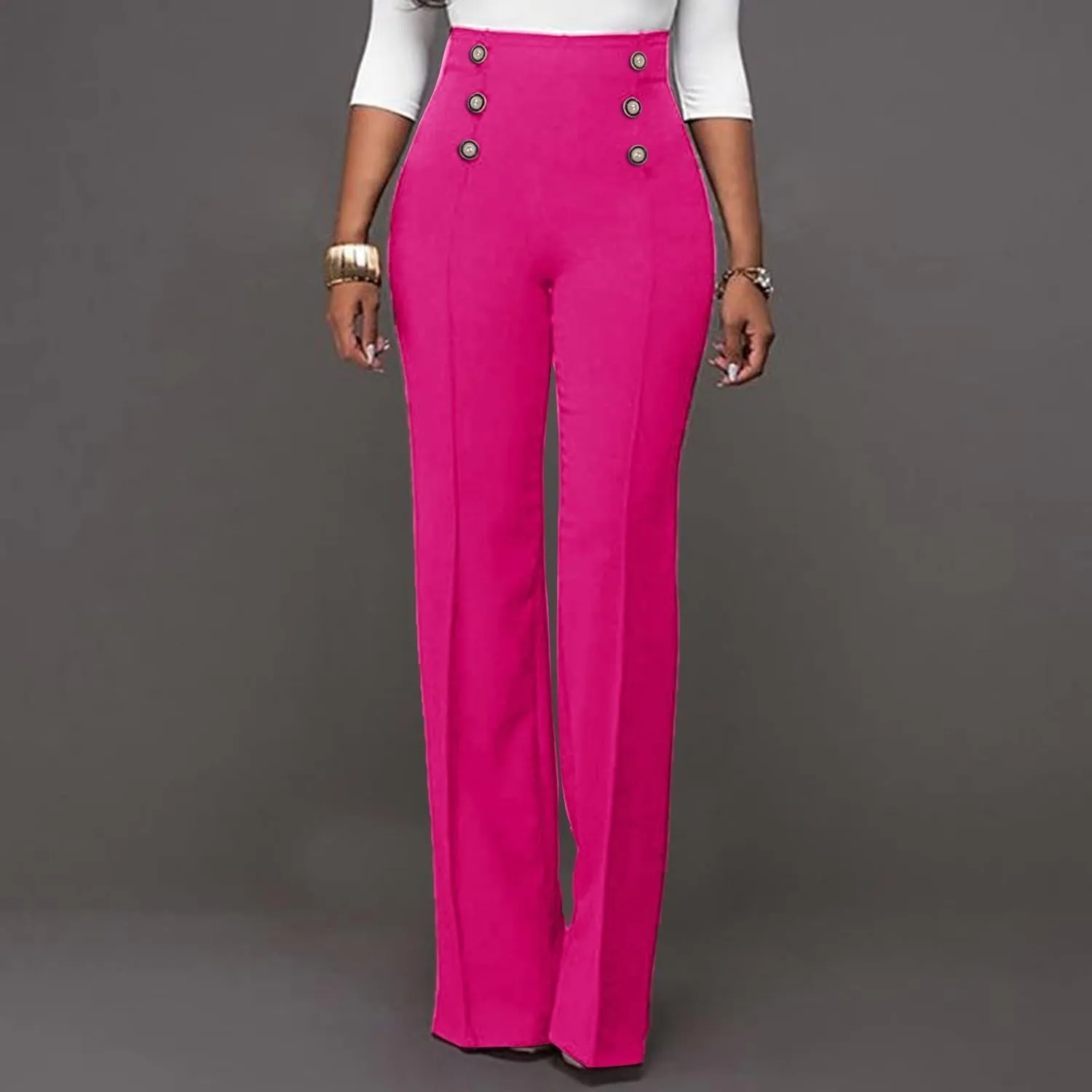 YOLAI Women Casual Wide Leg Pant High Waist Button Down Trousers Solid Color Business Work Trousers