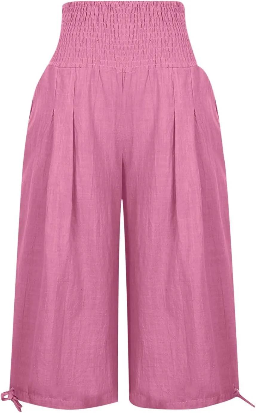 YRAETENM Women's Capri Pants Drawstring Elastic Waisted Cotton Linen Pants Loose Casual Wide Leg Capris Trousers with Pockets
