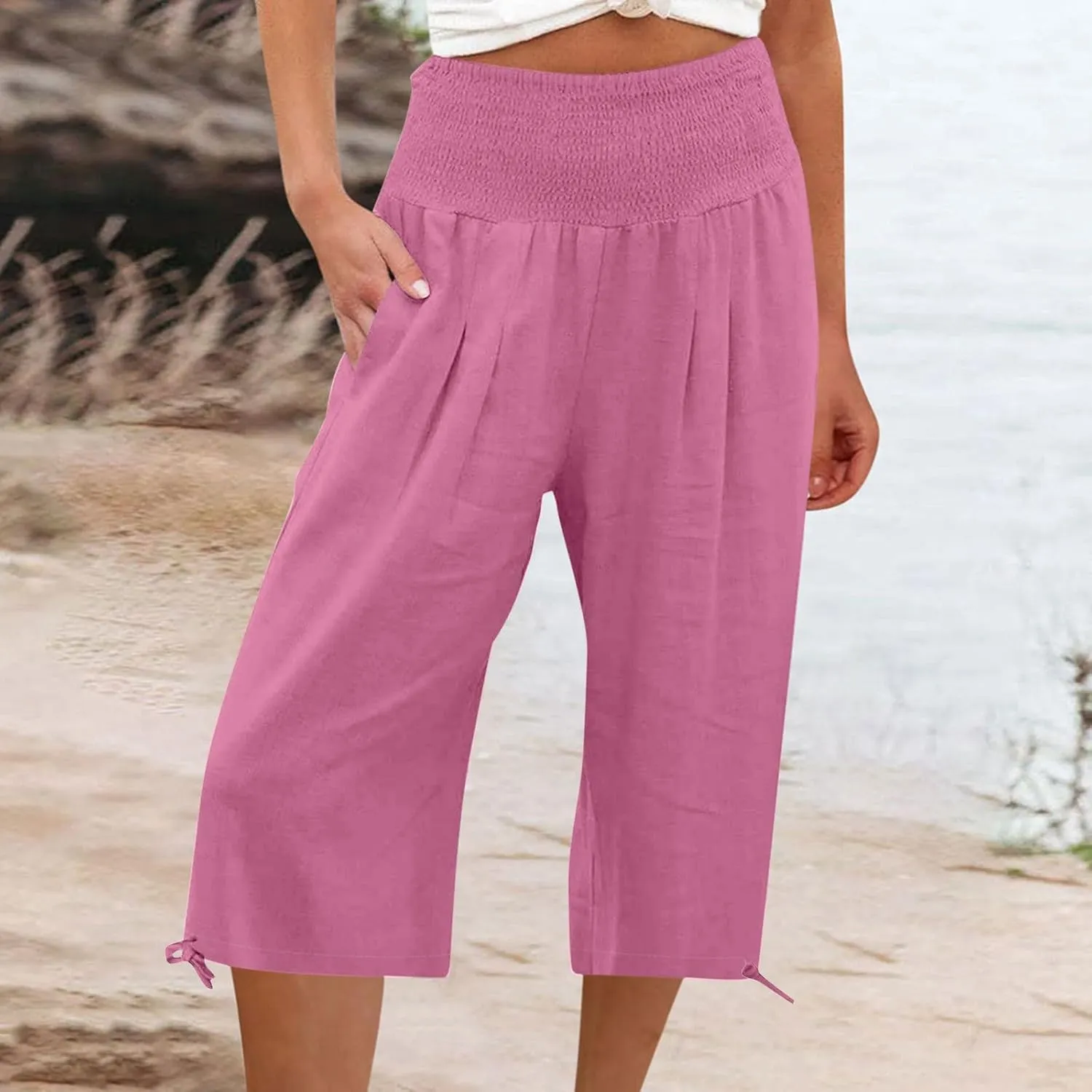 YRAETENM Women's Capri Pants Drawstring Elastic Waisted Cotton Linen Pants Loose Casual Wide Leg Capris Trousers with Pockets