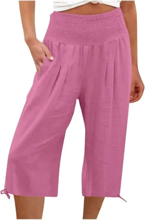 YRAETENM Women's Capri Pants Drawstring Elastic Waisted Cotton Linen Pants Loose Casual Wide Leg Capris Trousers with Pockets