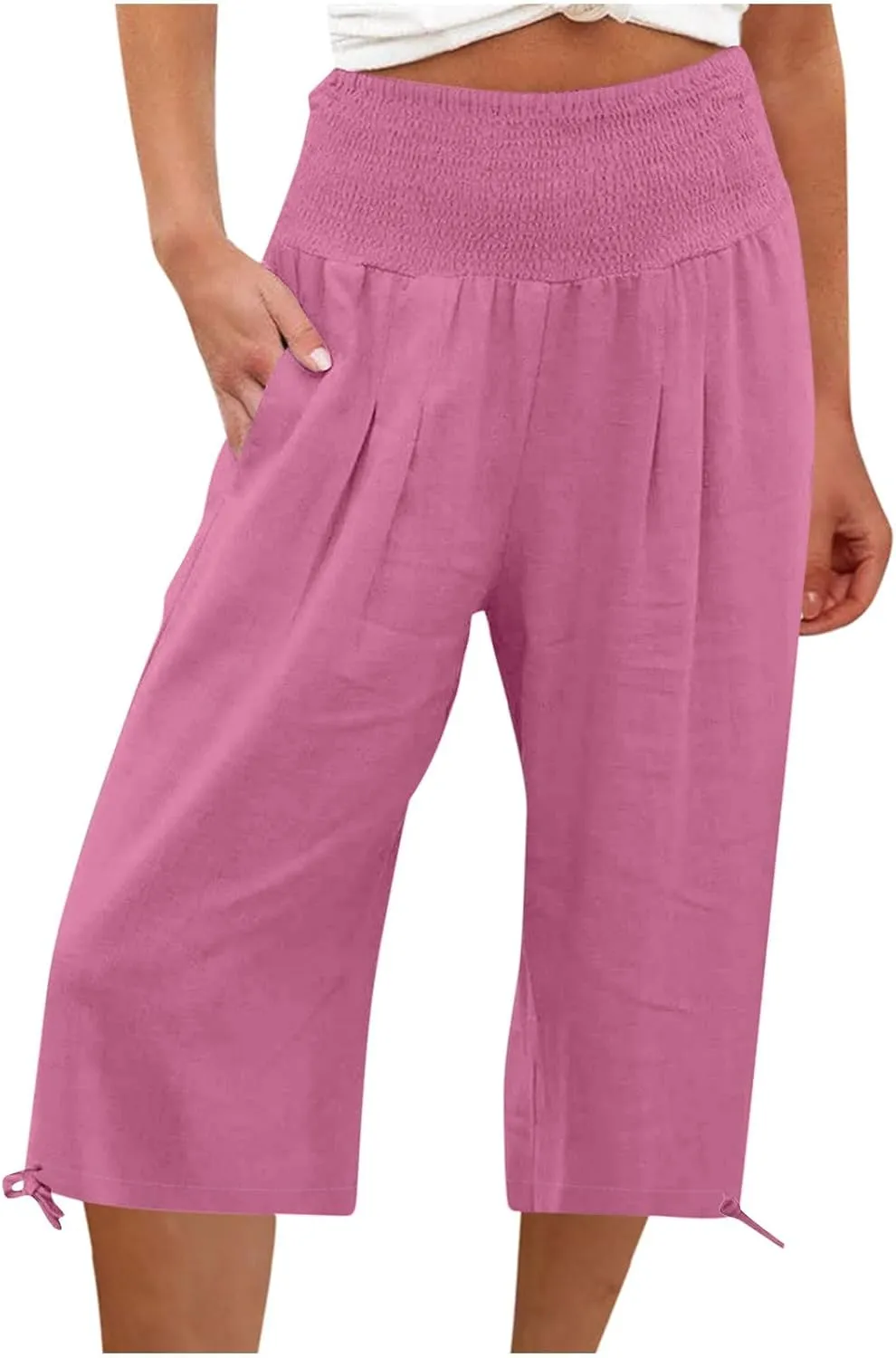 YRAETENM Women's Capri Pants Drawstring Elastic Waisted Cotton Linen Pants Loose Casual Wide Leg Capris Trousers with Pockets