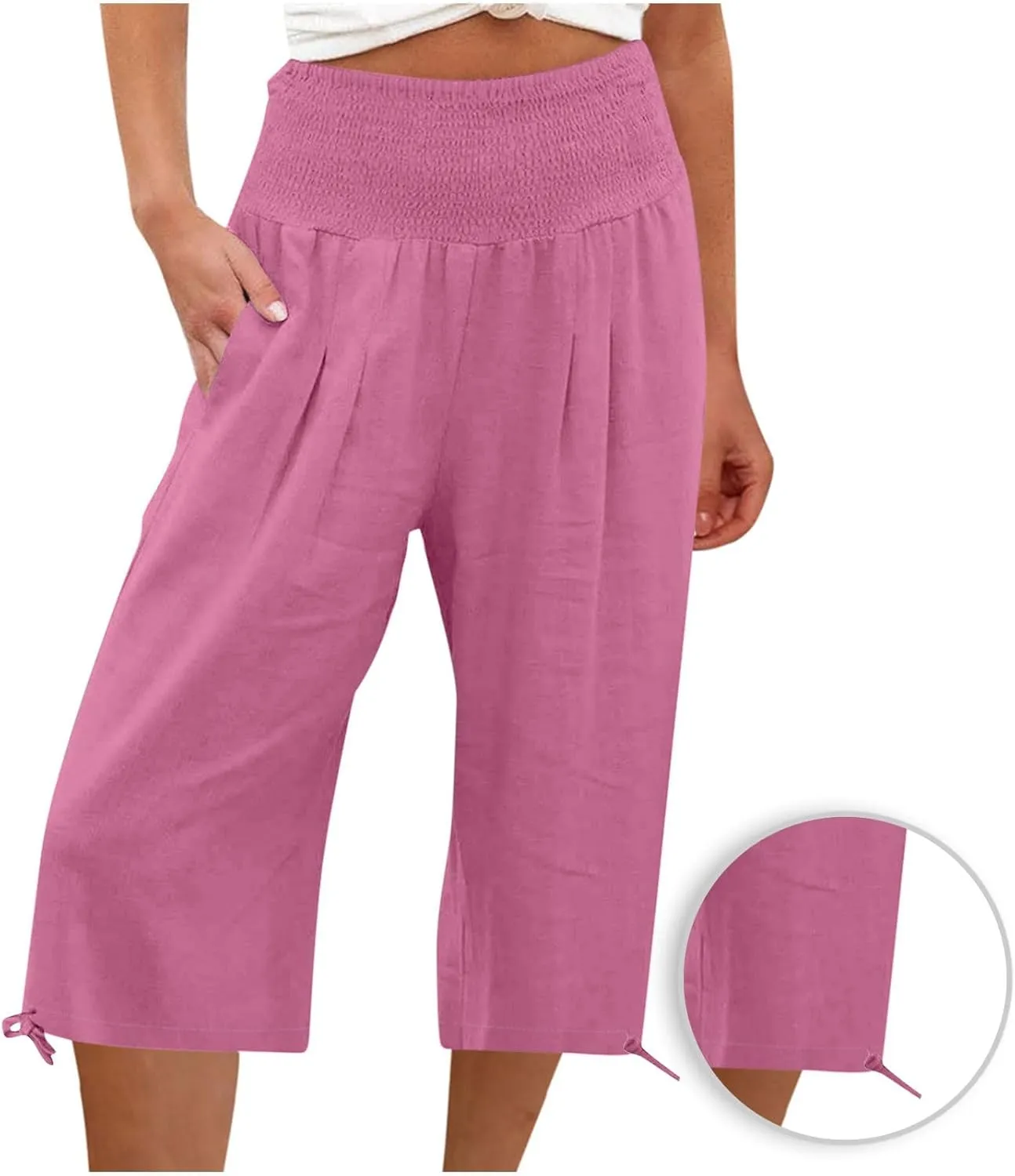 YRAETENM Women's Capri Pants Drawstring Elastic Waisted Cotton Linen Pants Loose Casual Wide Leg Capris Trousers with Pockets
