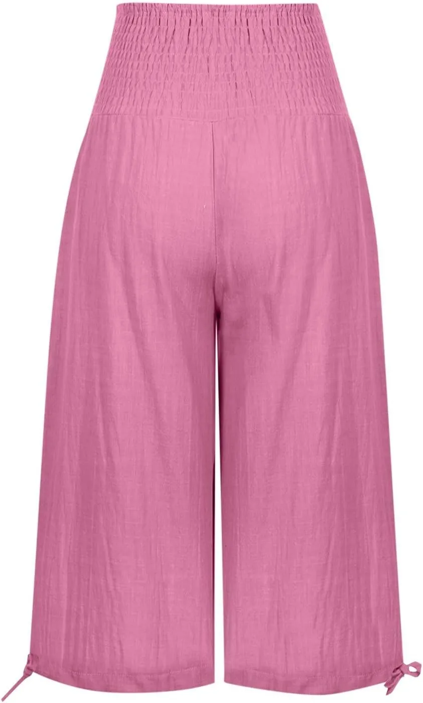 YRAETENM Women's Capri Pants Drawstring Elastic Waisted Cotton Linen Pants Loose Casual Wide Leg Capris Trousers with Pockets
