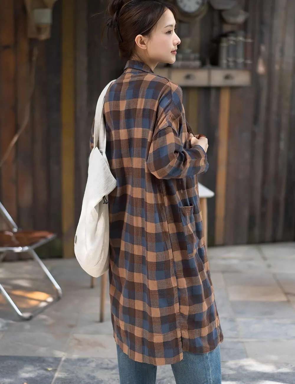Ystylee Women's Linen Plaid Shacket Long Sleeve Lounge Lapel Button Down Shirt Jacket Tartan Trench Coat with Pockets