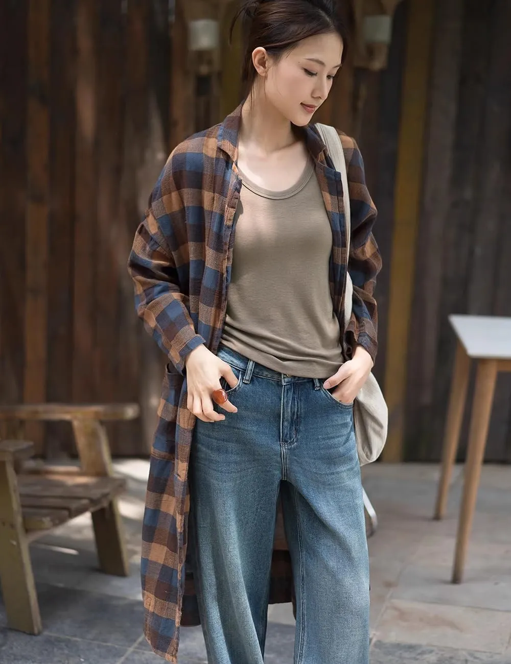 Ystylee Women's Linen Plaid Shacket Long Sleeve Lounge Lapel Button Down Shirt Jacket Tartan Trench Coat with Pockets