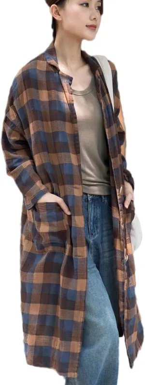 Ystylee Women's Linen Plaid Shacket Long Sleeve Lounge Lapel Button Down Shirt Jacket Tartan Trench Coat with Pockets