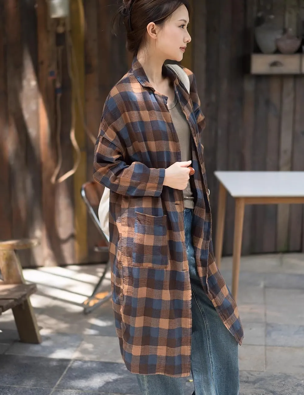 Ystylee Women's Linen Plaid Shacket Long Sleeve Lounge Lapel Button Down Shirt Jacket Tartan Trench Coat with Pockets