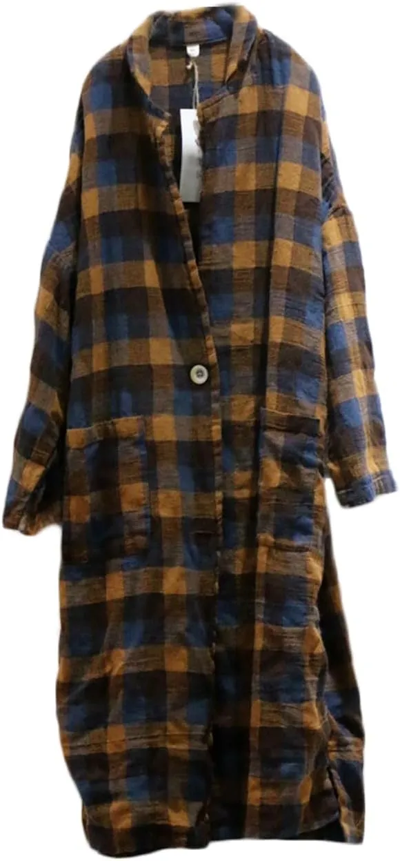 Ystylee Women's Linen Plaid Shacket Long Sleeve Lounge Lapel Button Down Shirt Jacket Tartan Trench Coat with Pockets