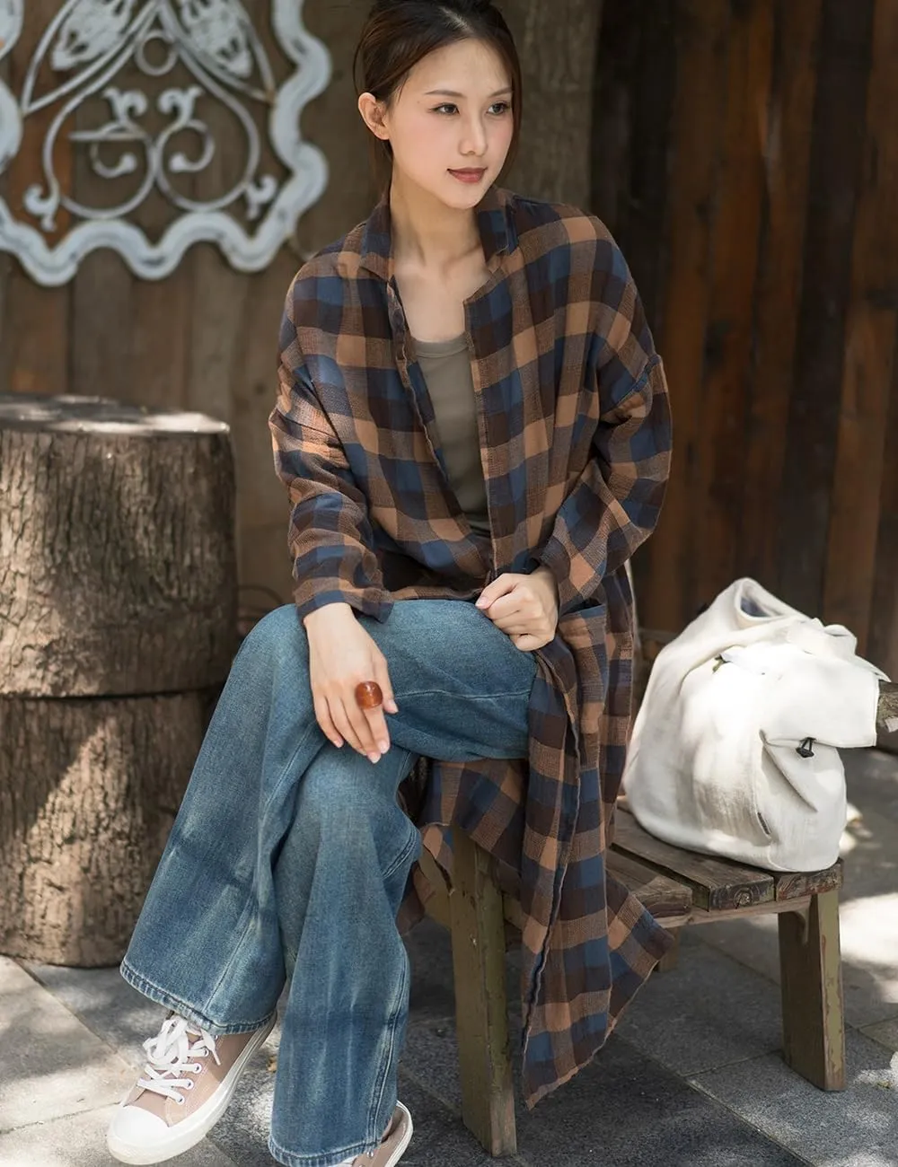 Ystylee Women's Linen Plaid Shacket Long Sleeve Lounge Lapel Button Down Shirt Jacket Tartan Trench Coat with Pockets