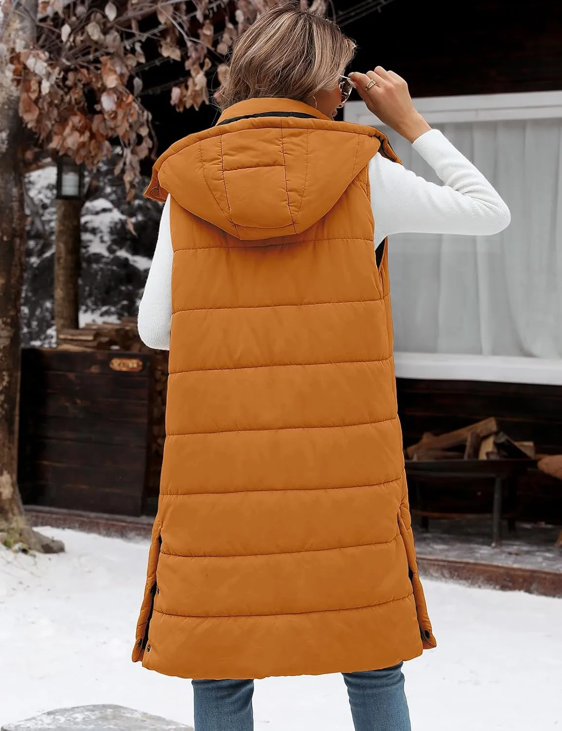 Yusongirl Long Puffer Vest Women Quilted Down Jackets Sleeveless Puffy Vest Zip Up Winter Coats Fall Vests Outerwear