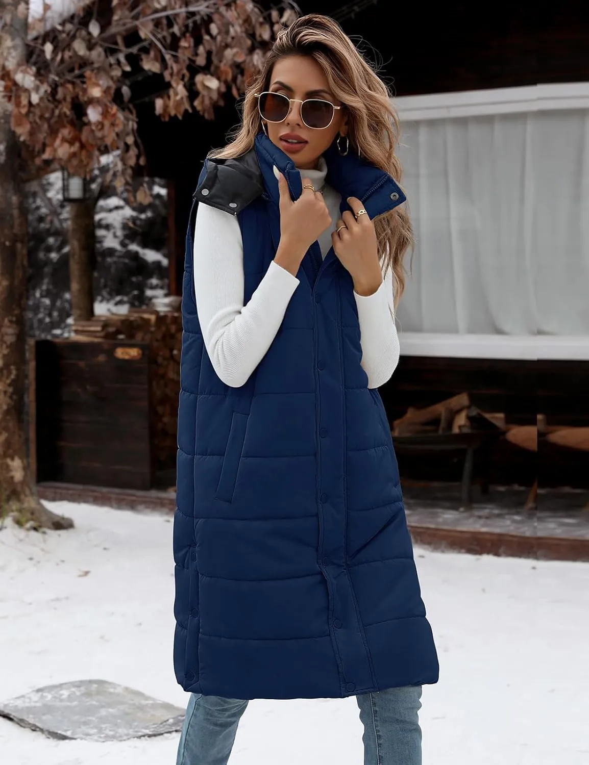Yusongirl Long Puffer Vest Women Quilted Down Jackets Sleeveless Puffy Vest Zip Up Winter Coats Fall Vests Outerwear