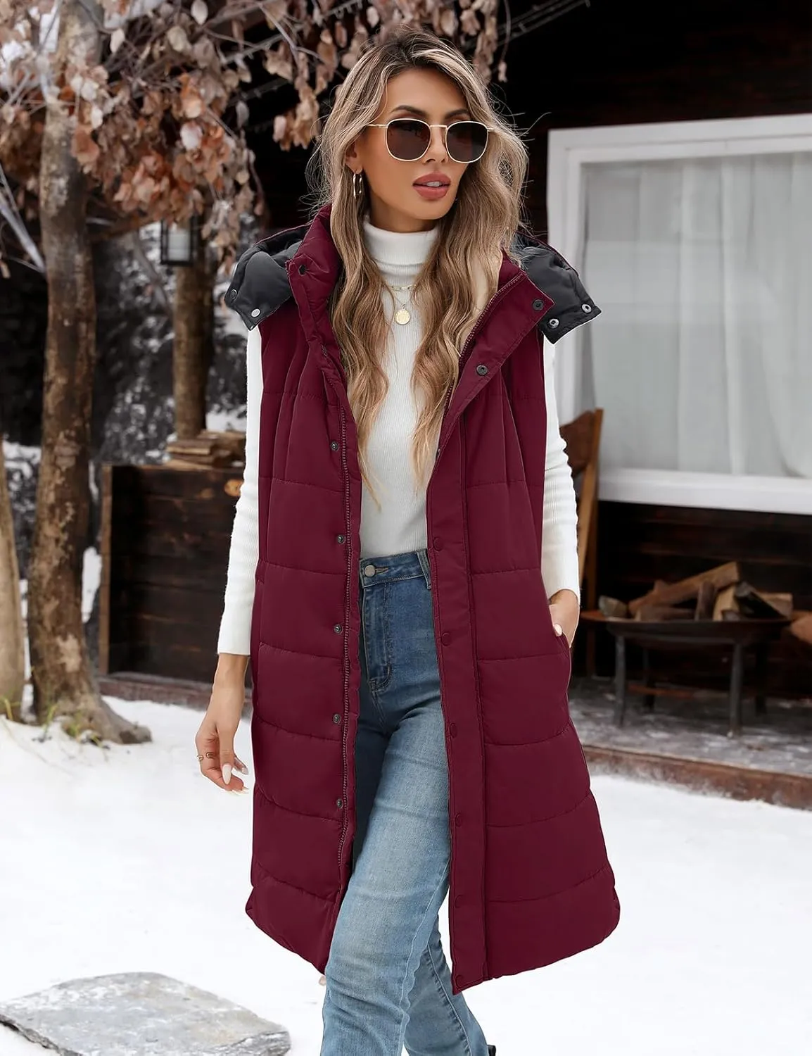 Yusongirl Long Puffer Vest Women Quilted Down Jackets Sleeveless Puffy Vest Zip Up Winter Coats Fall Vests Outerwear