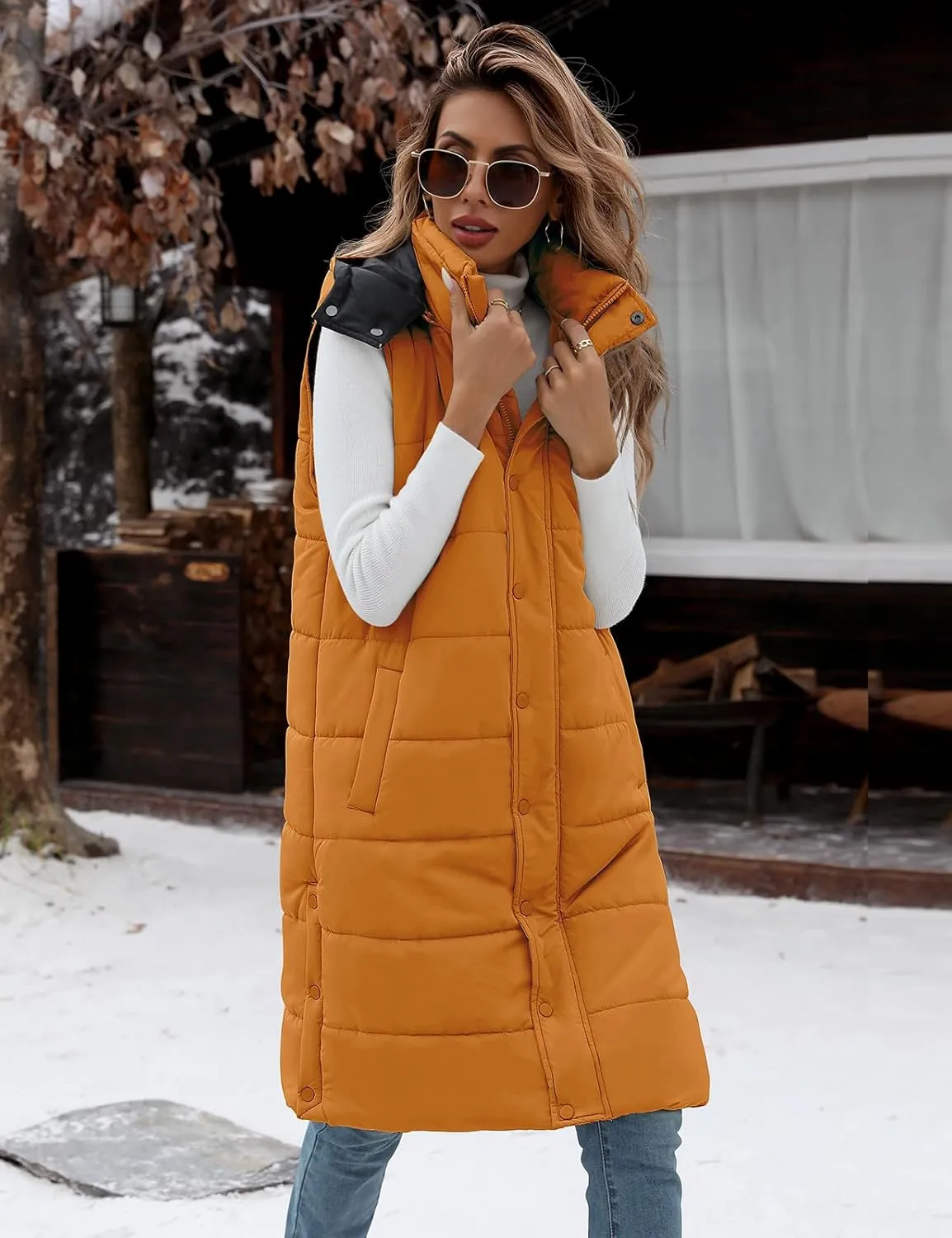 Yusongirl Long Puffer Vest Women Quilted Down Jackets Sleeveless Puffy Vest Zip Up Winter Coats Fall Vests Outerwear