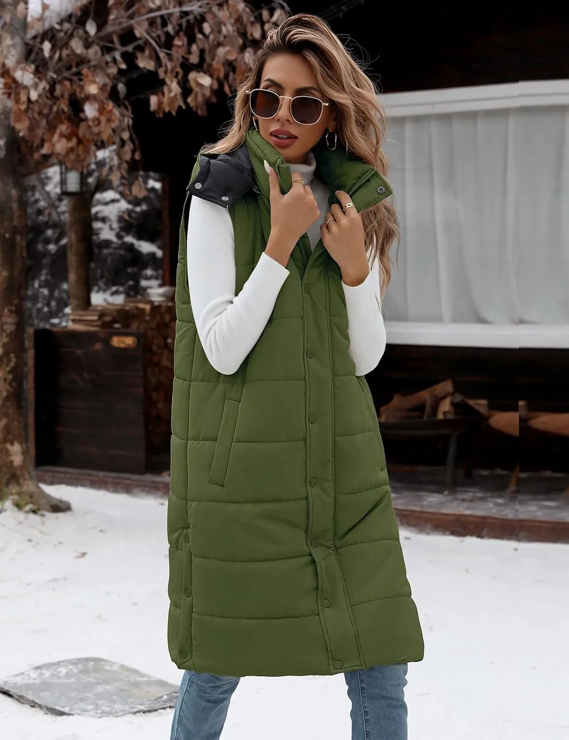 Yusongirl Long Puffer Vest Women Quilted Down Jackets Sleeveless Puffy Vest Zip Up Winter Coats Fall Vests Outerwear