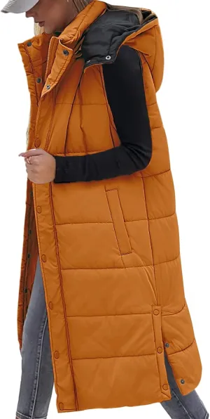 Yusongirl Long Puffer Vest Women Quilted Down Jackets Sleeveless Puffy Vest Zip Up Winter Coats Fall Vests Outerwear