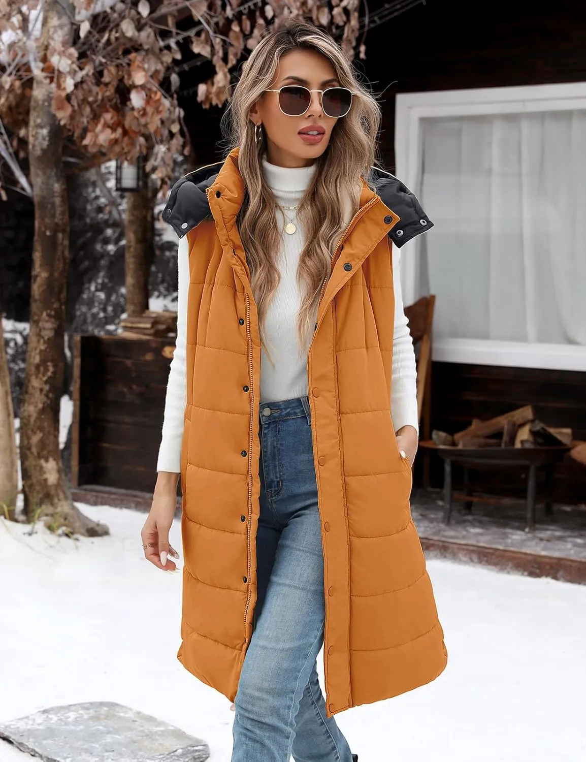 Yusongirl Long Puffer Vest Women Quilted Down Jackets Sleeveless Puffy Vest Zip Up Winter Coats Fall Vests Outerwear