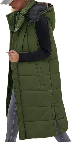 Yusongirl Long Puffer Vest Women Quilted Down Jackets Sleeveless Puffy Vest Zip Up Winter Coats Fall Vests Outerwear