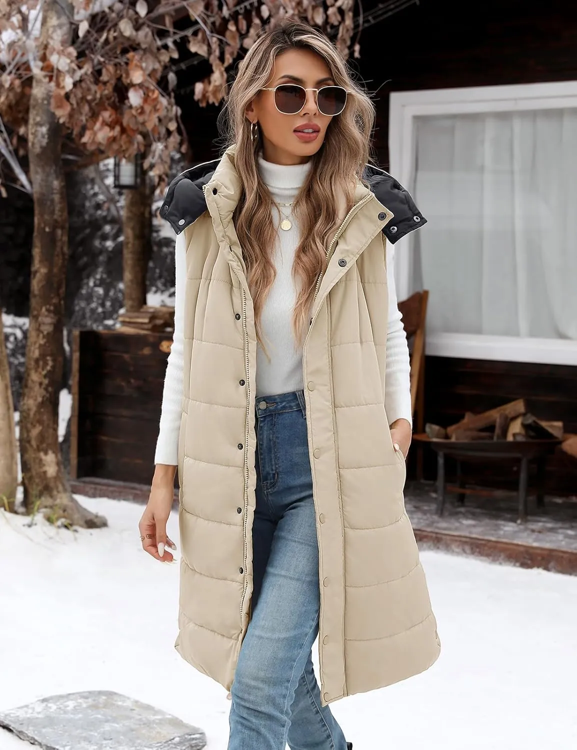 Yusongirl Long Puffer Vest Women Quilted Down Jackets Sleeveless Puffy Vest Zip Up Winter Coats Fall Vests Outerwear