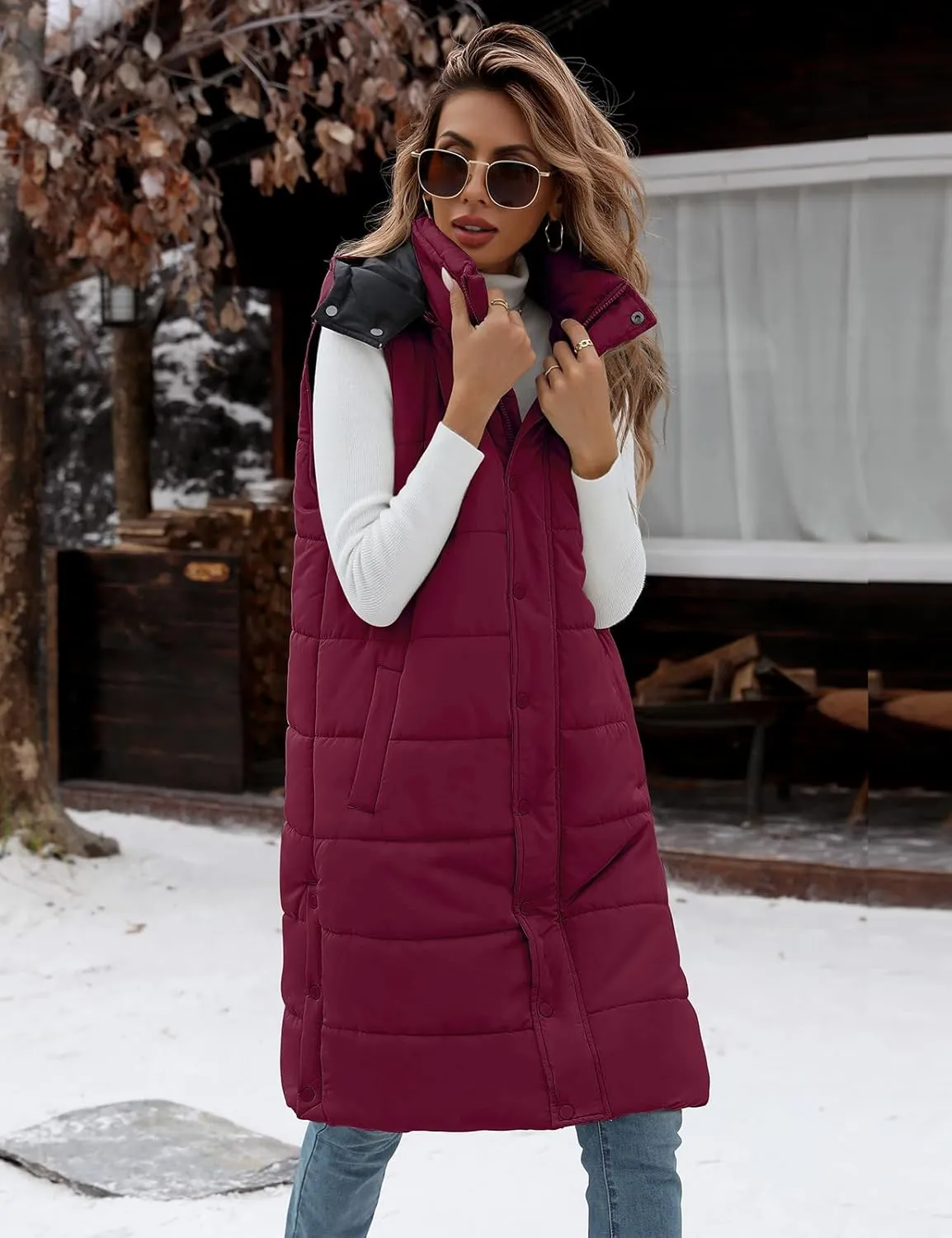 Yusongirl Long Puffer Vest Women Quilted Down Jackets Sleeveless Puffy Vest Zip Up Winter Coats Fall Vests Outerwear