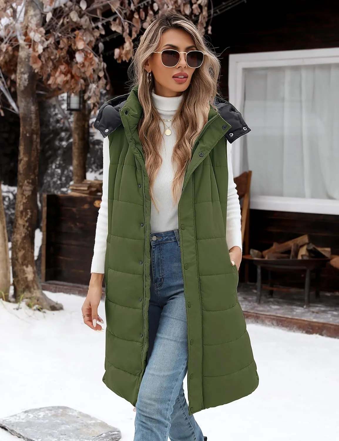 Yusongirl Long Puffer Vest Women Quilted Down Jackets Sleeveless Puffy Vest Zip Up Winter Coats Fall Vests Outerwear
