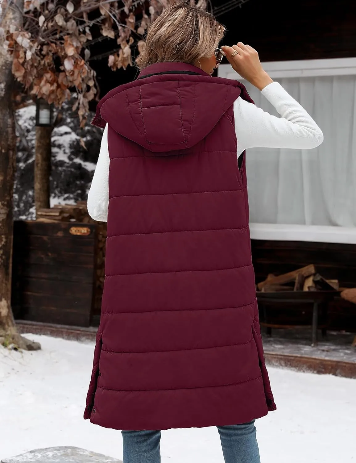 Yusongirl Long Puffer Vest Women Quilted Down Jackets Sleeveless Puffy Vest Zip Up Winter Coats Fall Vests Outerwear
