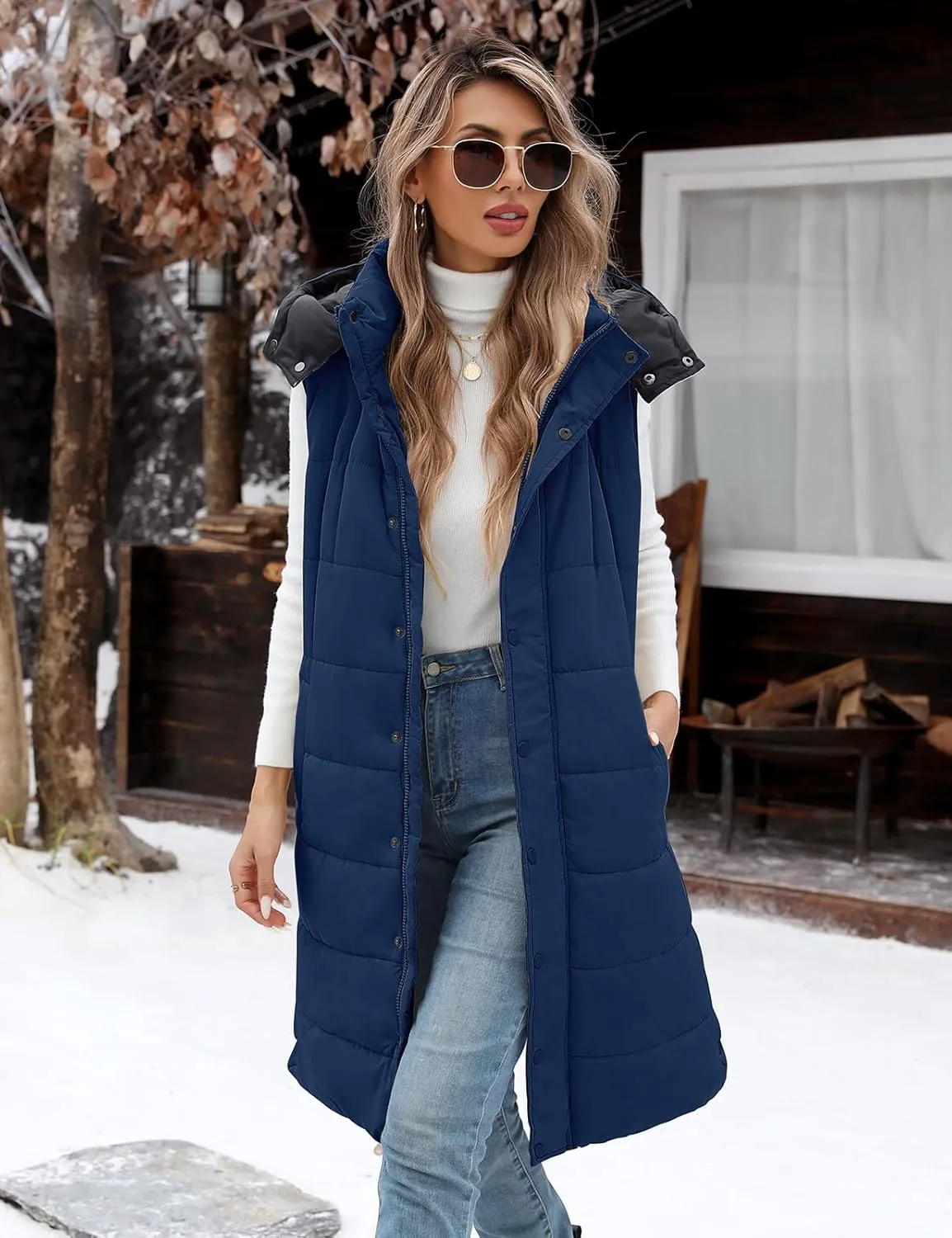 Yusongirl Long Puffer Vest Women Quilted Down Jackets Sleeveless Puffy Vest Zip Up Winter Coats Fall Vests Outerwear