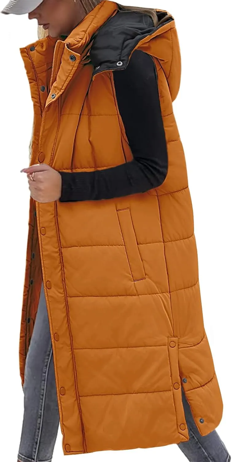 Yusongirl Long Puffer Vest Women Quilted Down Jackets Sleeveless Puffy Vest Zip Up Winter Coats Fall Vests Outerwear
