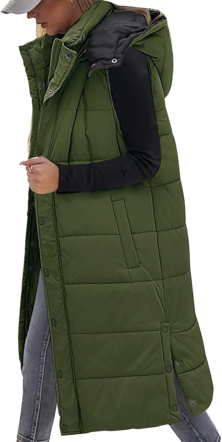 Yusongirl Long Puffer Vest Women Quilted Down Jackets Sleeveless Puffy Vest Zip Up Winter Coats Fall Vests Outerwear