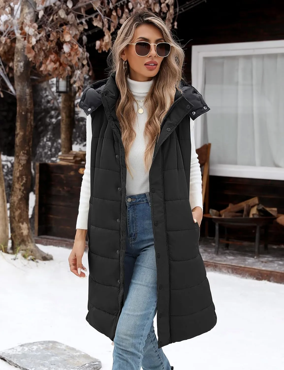 Yusongirl Long Puffer Vest Women Quilted Down Jackets Sleeveless Puffy Vest Zip Up Winter Coats Fall Vests Outerwear