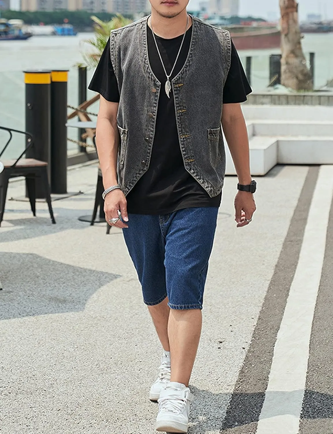Yvipette Mens Sleeveless V Neck Collarless Denim Vest Biker Motor Punk Button Down Jean Vest Jacket