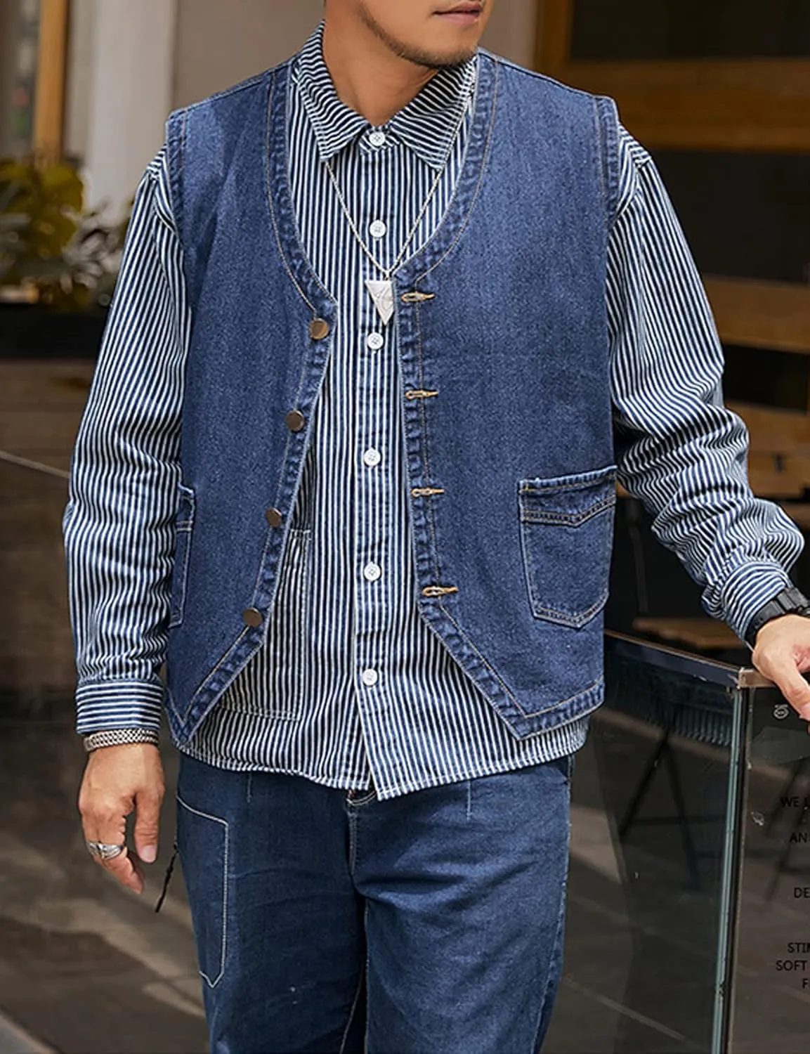 Yvipette Mens Sleeveless V Neck Collarless Denim Vest Biker Motor Punk Button Down Jean Vest Jacket