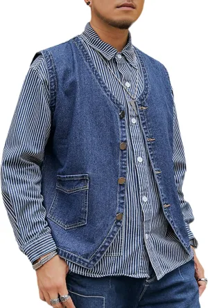 Yvipette Mens Sleeveless V Neck Collarless Denim Vest Biker Motor Punk Button Down Jean Vest Jacket