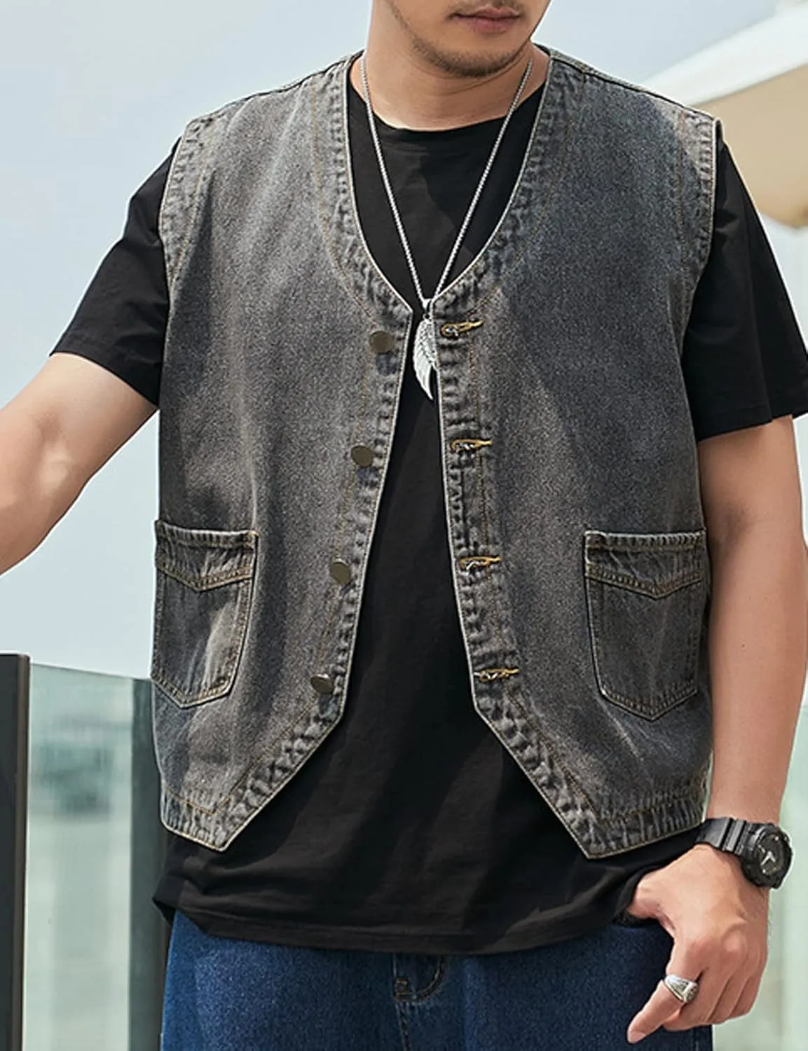 Yvipette Mens Sleeveless V Neck Collarless Denim Vest Biker Motor Punk Button Down Jean Vest Jacket